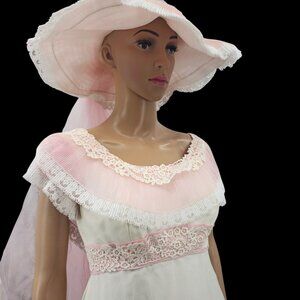Vintage Pink & White Lace Trimmed Gown & Wide Brim Hat Set, Women's Size 4